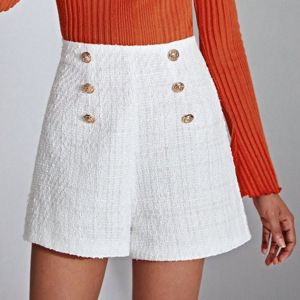 White Elegant Women's High Waist Metal Button Double-Breasted Tweed Shorts - Picture 1 of 5